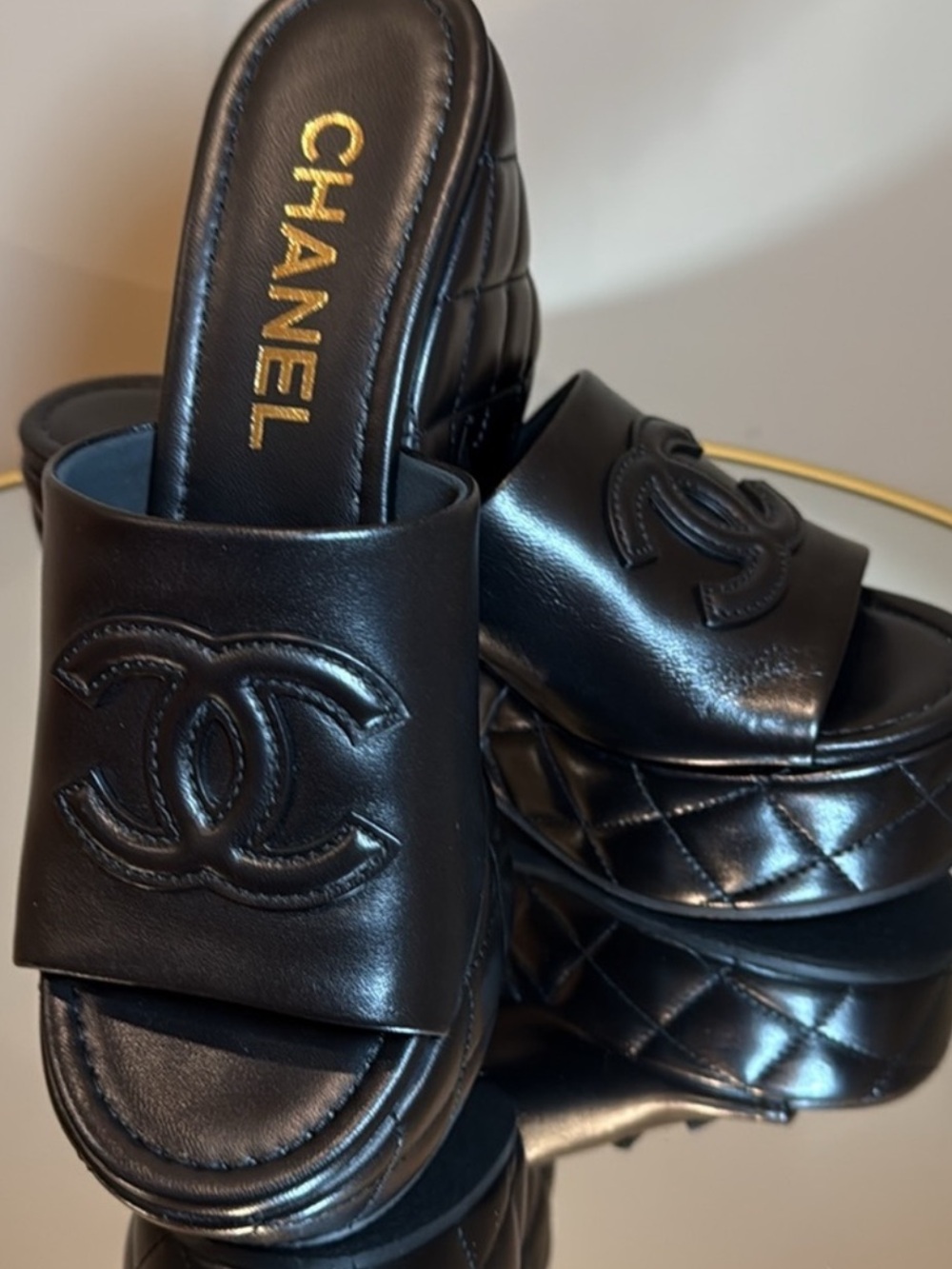 CHANEL Platform CC logo leather wedge Size 37